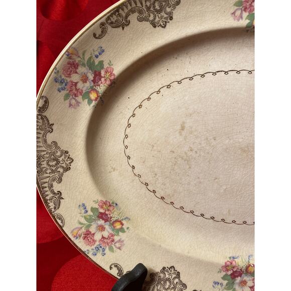 VTG Paden City Pottery Nasco Oval Platter 14x11in floral w22k gold swags trimGUC - Picture 5 of 16